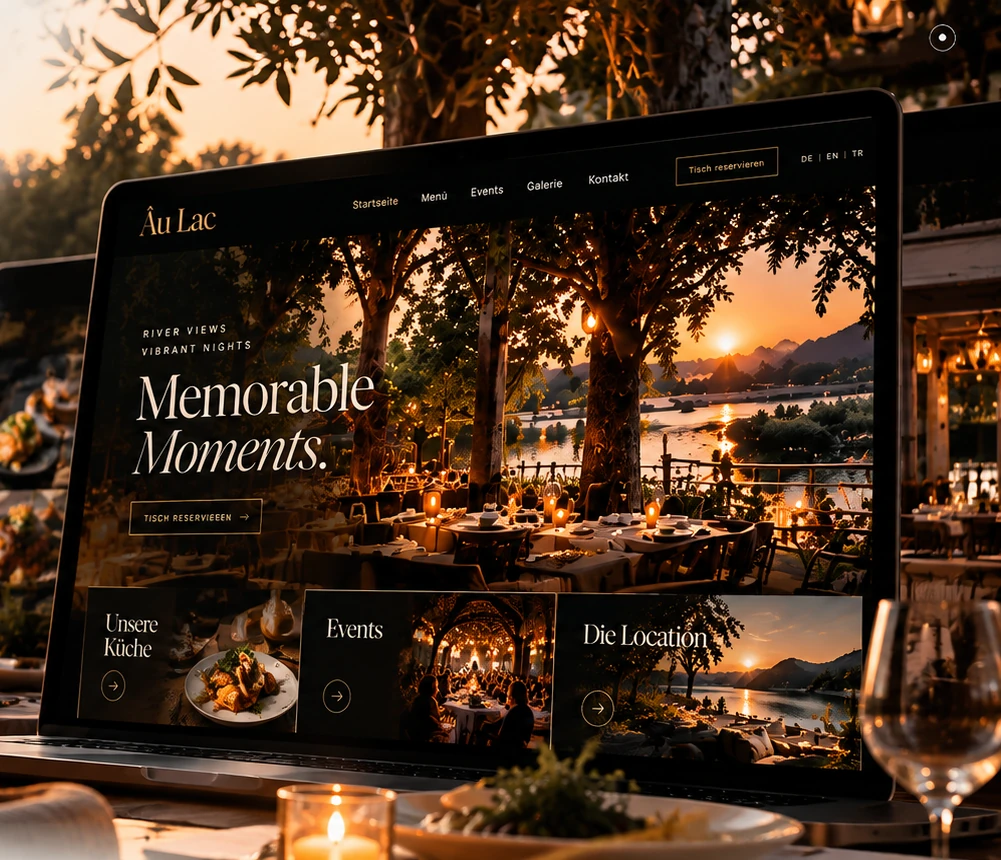 The Âu Lac website on a laptop on the restaurant terrace at sunset, with the menu, events and location pages.