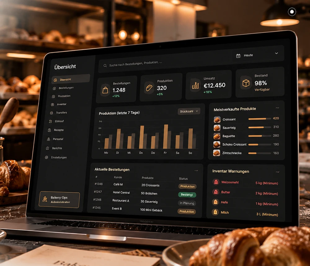 The bakery operations dashboard on a laptop in a bakery: orders, production, revenue and stock warnings.
