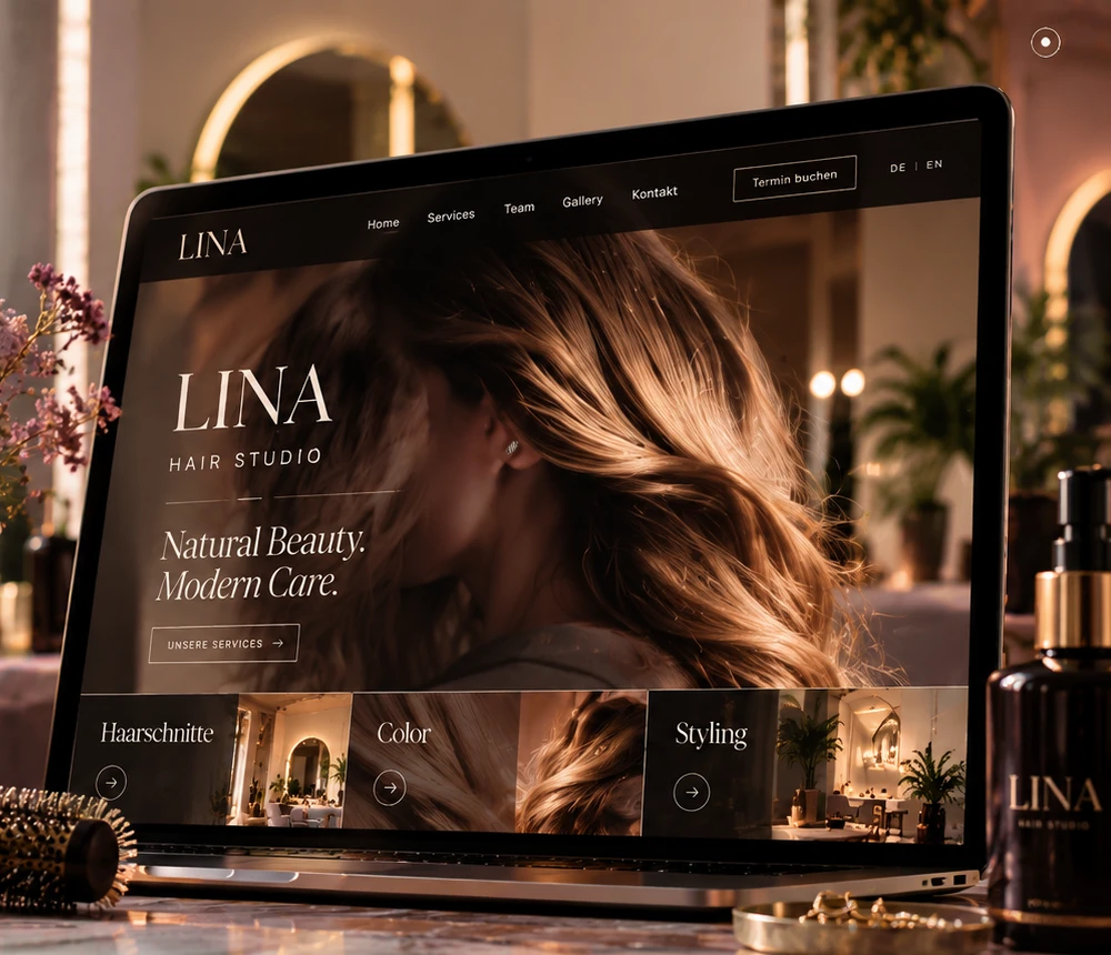 The Lina Hair Studio website on a laptop in the salon, with services for haircuts, colour and styling.
