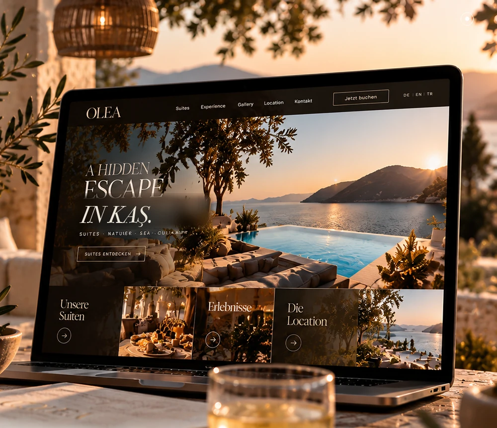 The Olea Suites website on a laptop on a terrace above the sea at sunset.