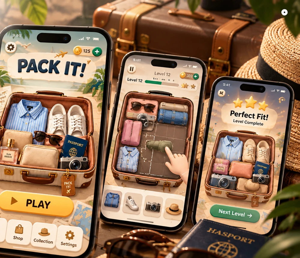 Three phones showing the Pack It! game: the start screen, a level with a suitcase being packed and the level complete screen.